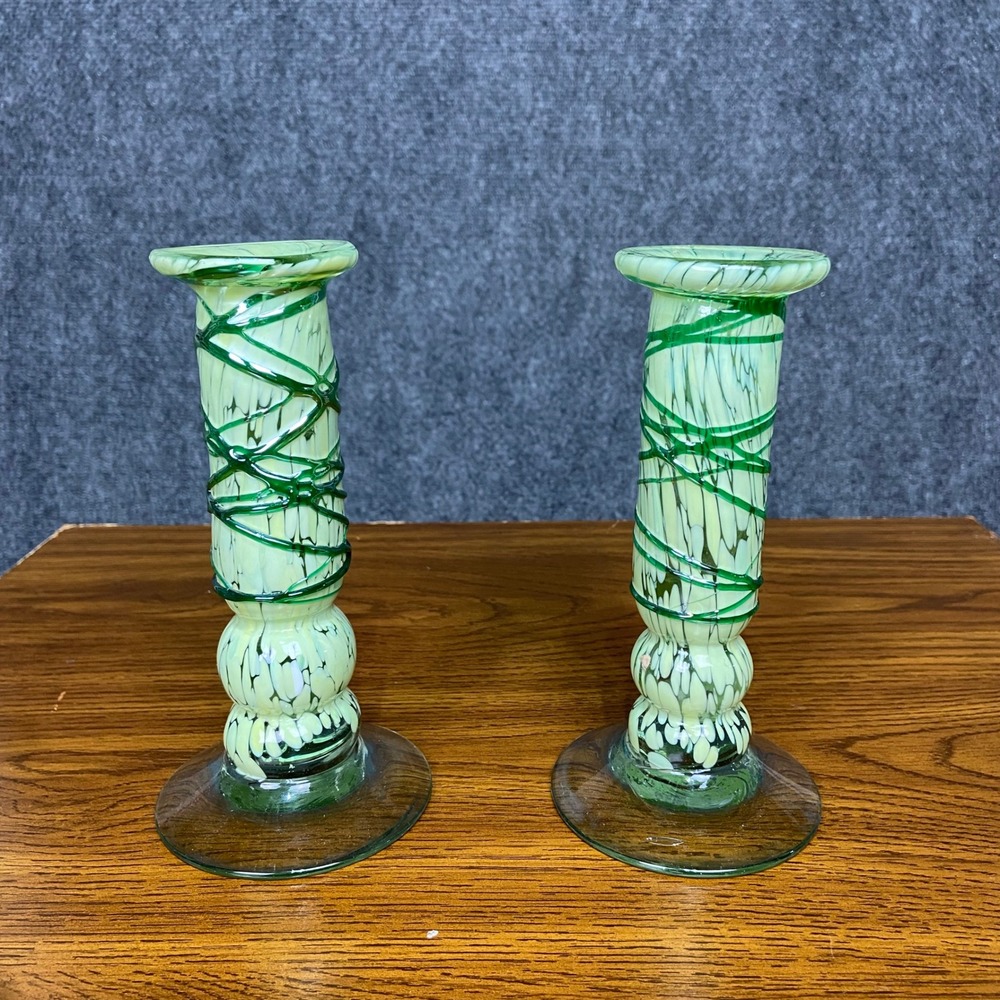 Blown Glass‎ Green Swirl Art Glass Candlestick Holders Set of 2 Unique Decor